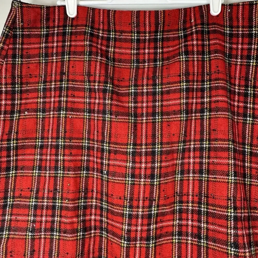 Talbots Tartan Plaid Wool Blend Skirt Women's Size 16 Petite Red Sequins Holiday